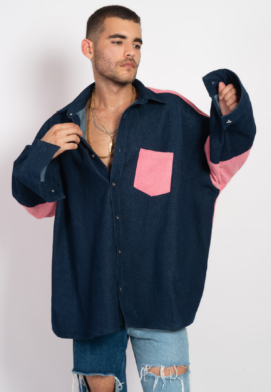 OCWA OVERSIZED TALLY PINK DARK BLUE DENIM SHIRT