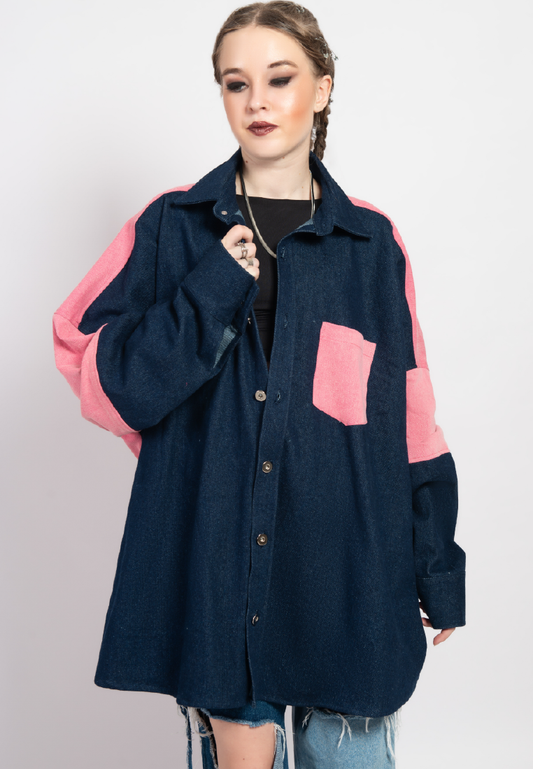 OCWA OVERSIZED TALLY PINK DARK BLUE DENIM SHIRT