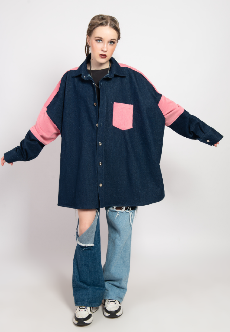 OCWA OVERSIZED TALLY PINK DARK BLUE DENIM SHIRT