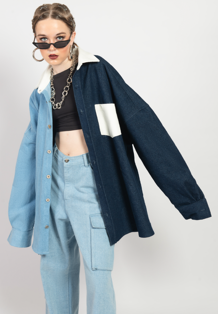 OCWA OVERSIZED TRENZ WHITE BLUE DARK BLUE DENIM SHIRT