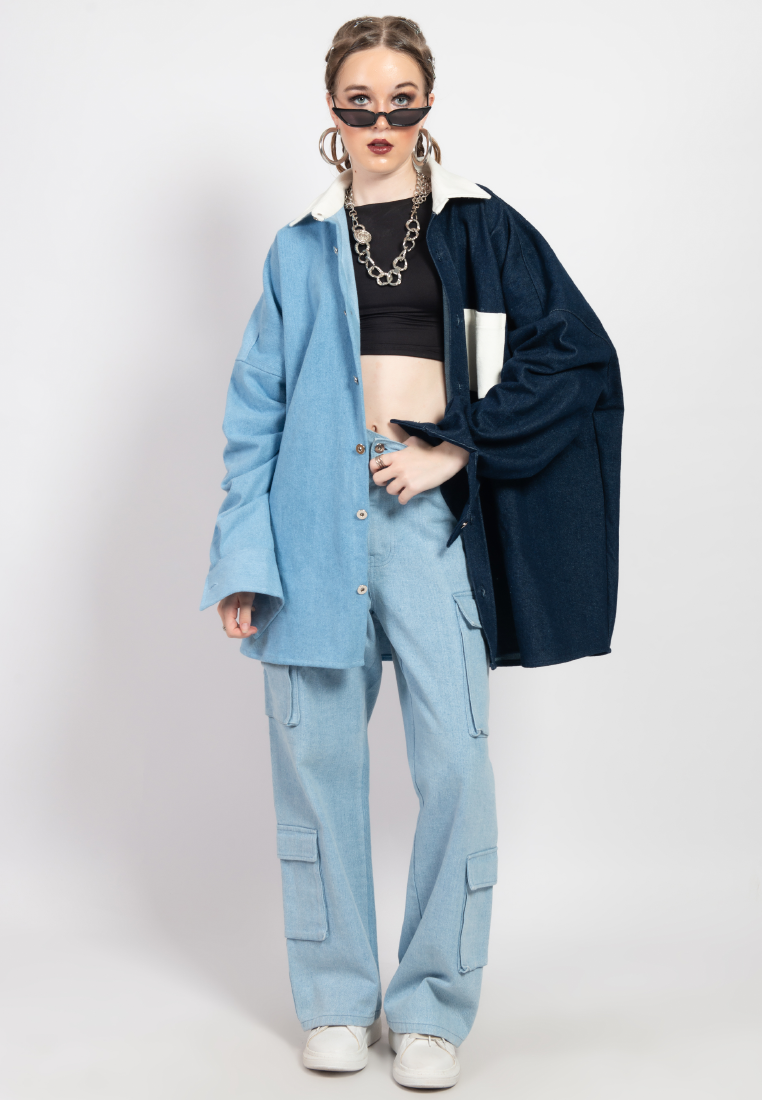 OCWA OVERSIZED TRENZ WHITE BLUE DARK BLUE DENIM SHIRT