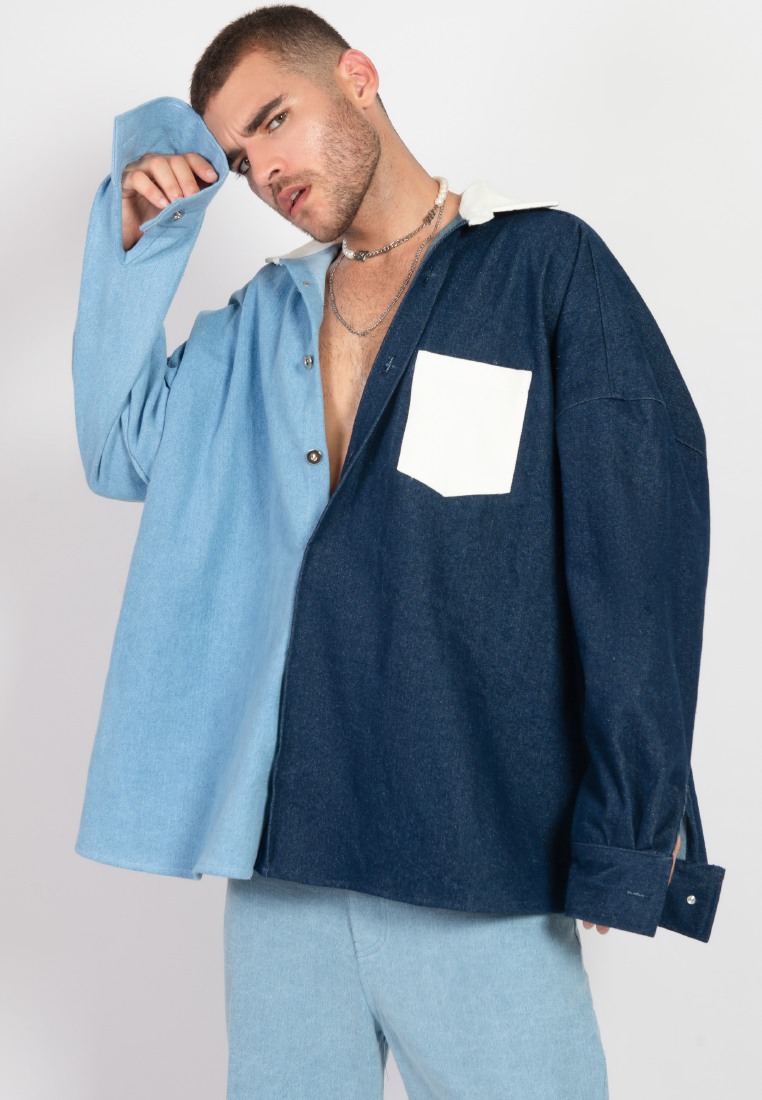 OCWA OVERSIZED TRENZ WHITE BLUE DARK BLUE DENIM SHIRT