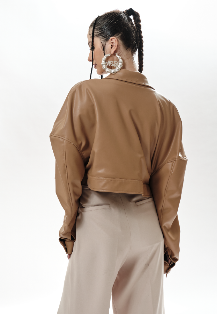 OCWA TROY PUFF SLEEVE CROP LEATHER JACKET CARAMEL BROWN