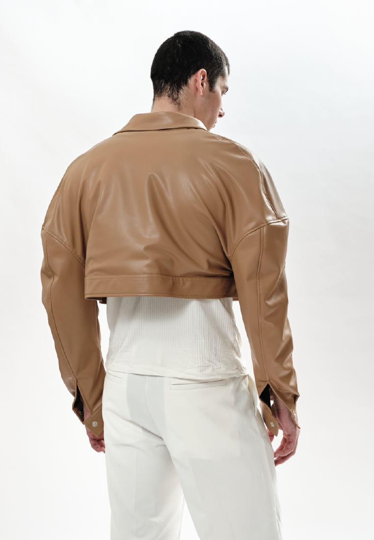 OCWA TROY PUFF SLEEVE CROP LEATHER JACKET CARAMEL BROWN