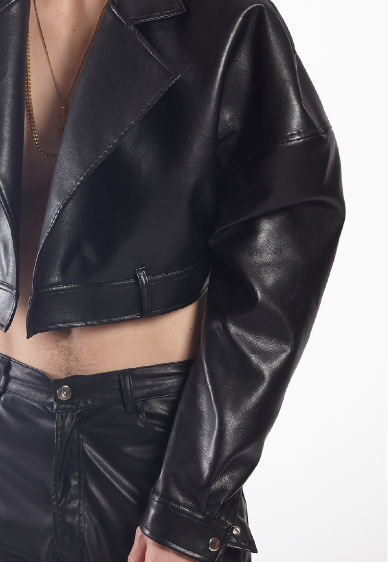 OCWA TROY PUFF SLEEVE CROP LEATHER JACKET BLACK