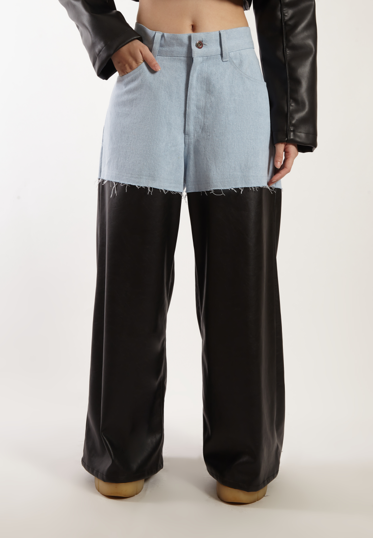 OCWA KYLE WIDE LEG LIGHT BLUE MIXED BLACK LEATHER JEANS PANTS