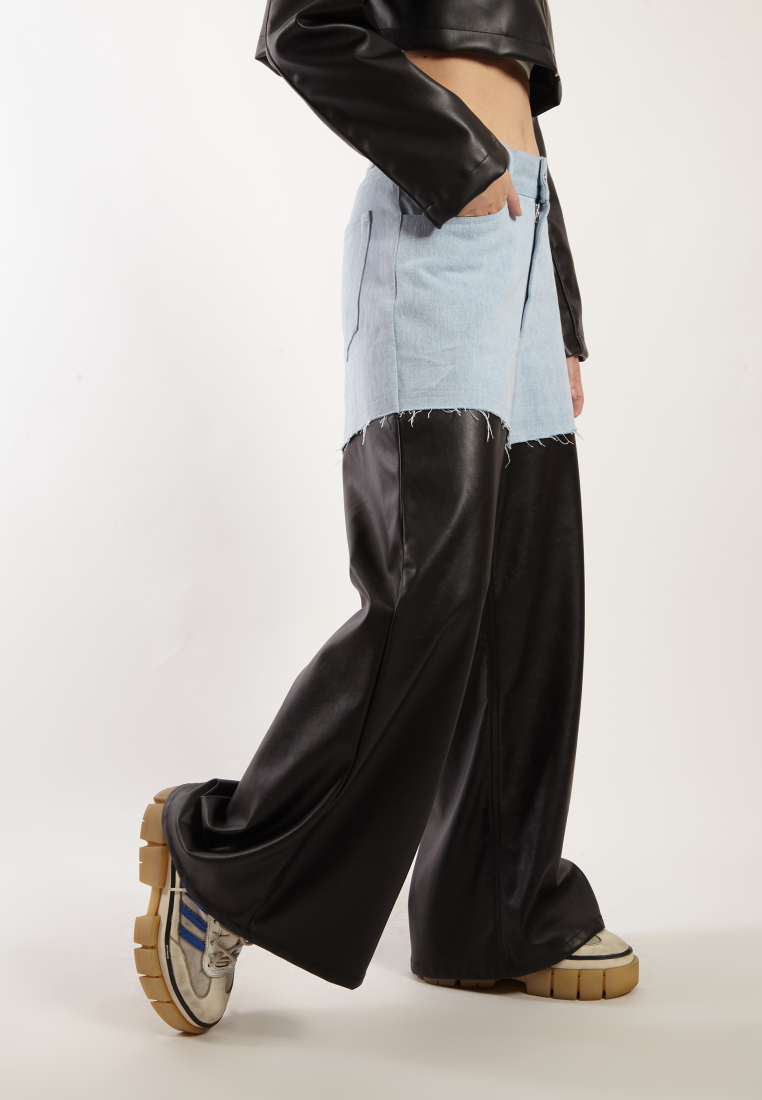 OCWA KYLE WIDE LEG LIGHT BLUE MIXED BLACK LEATHER JEANS PANTS