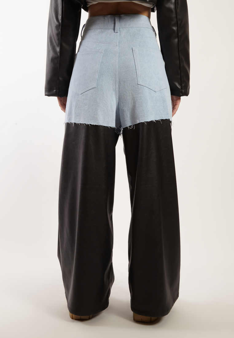 OCWA KYLE WIDE LEG LIGHT BLUE MIXED BLACK LEATHER JEANS PANTS