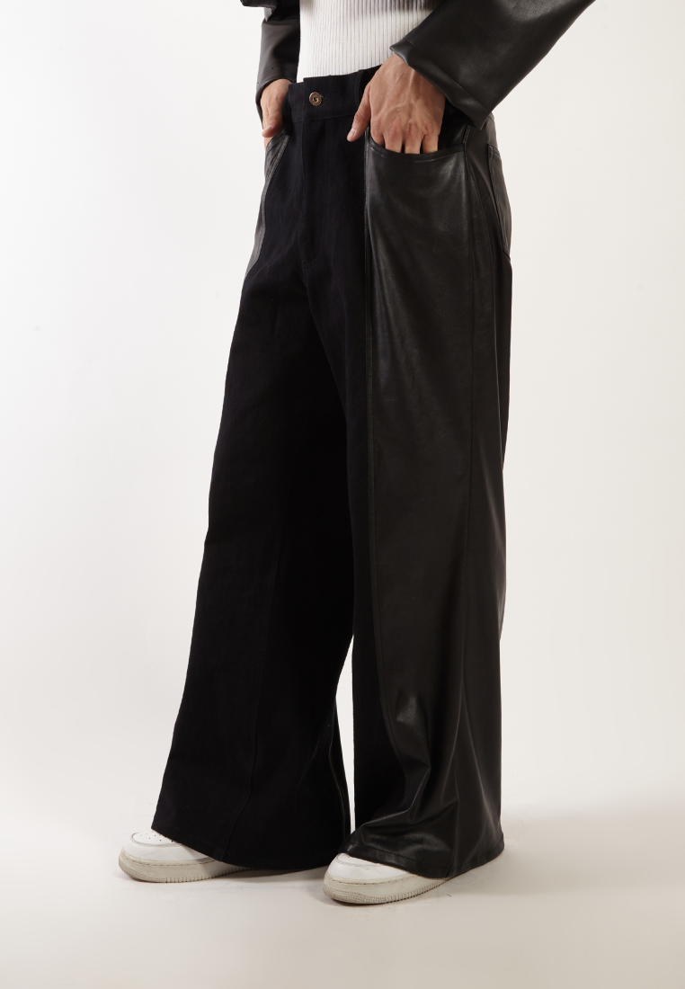 OCWA LAMAR WIDE LEG BLACK LEATHER MIXED JEANS PANTS MEN