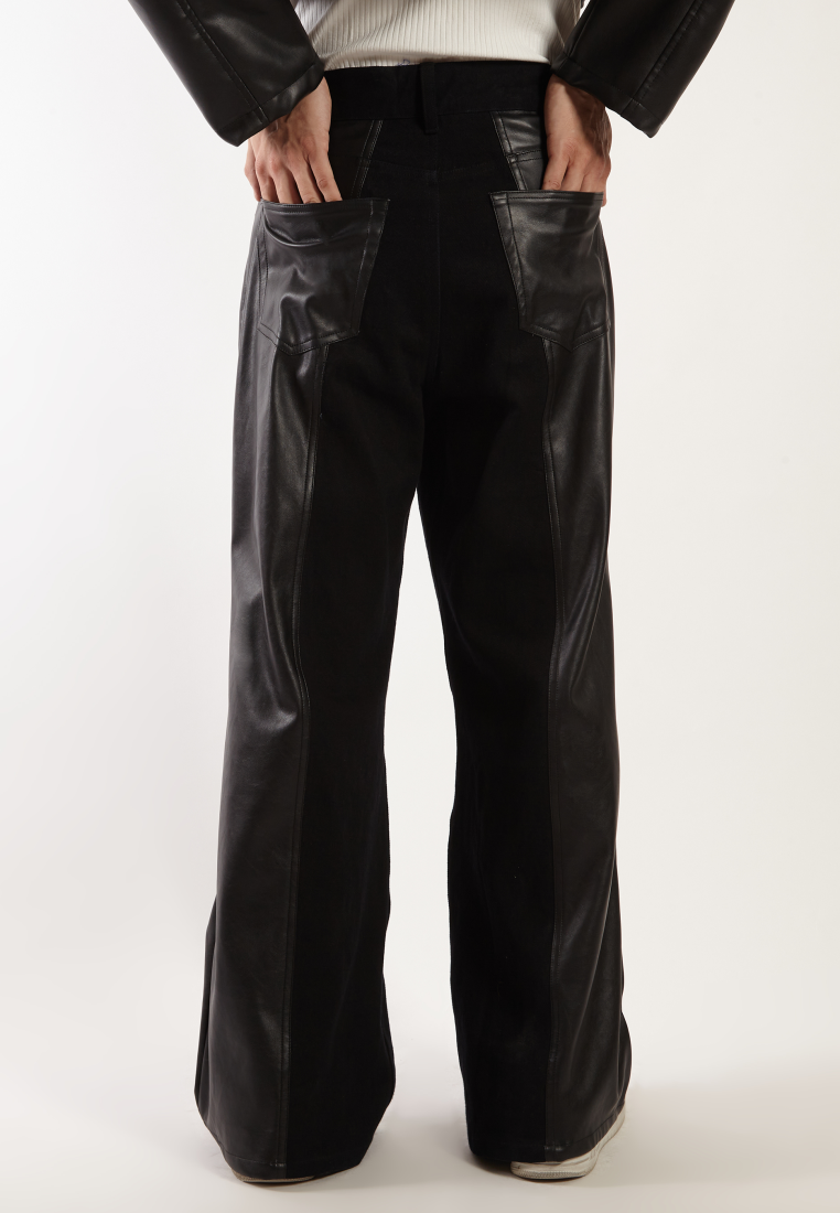 OCWA LAMAR WIDE LEG BLACK LEATHER MIXED JEANS PANTS MEN