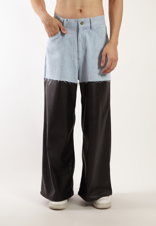 OCWA KYLE WIDE LEG LIGHT BLUE MIXED BLACK LEATHER JEANS PANTS MEN