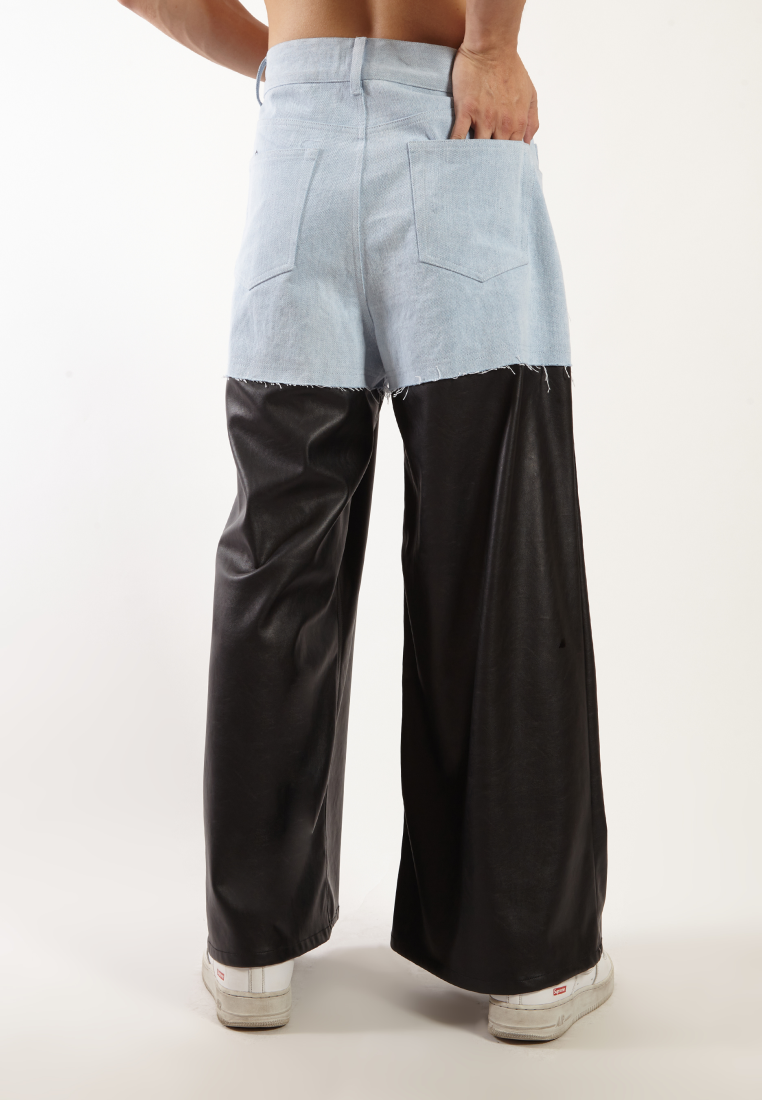 OCWA KYLE WIDE LEG LIGHT BLUE MIXED BLACK LEATHER JEANS PANTS MEN