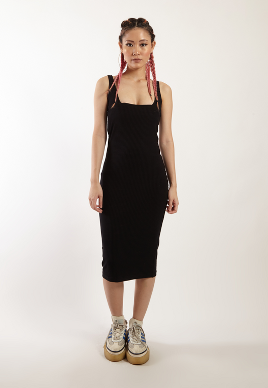 OCWA DONA SQUARE NECK FITTED SLEEVELESS KNIT DRESS BLACK