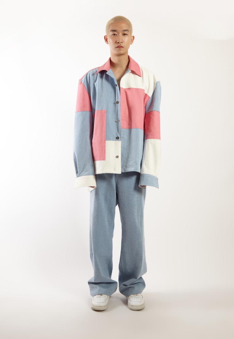 OCWA DELCO OVERSIZED COLORBLOCK PATCH PINK BLUE WHITE DENIM JACKET