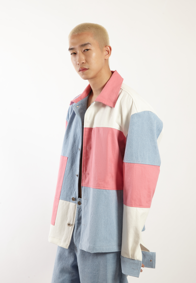 OCWA DELCO OVERSIZED COLORBLOCK PATCH PINK BLUE WHITE DENIM JACKET