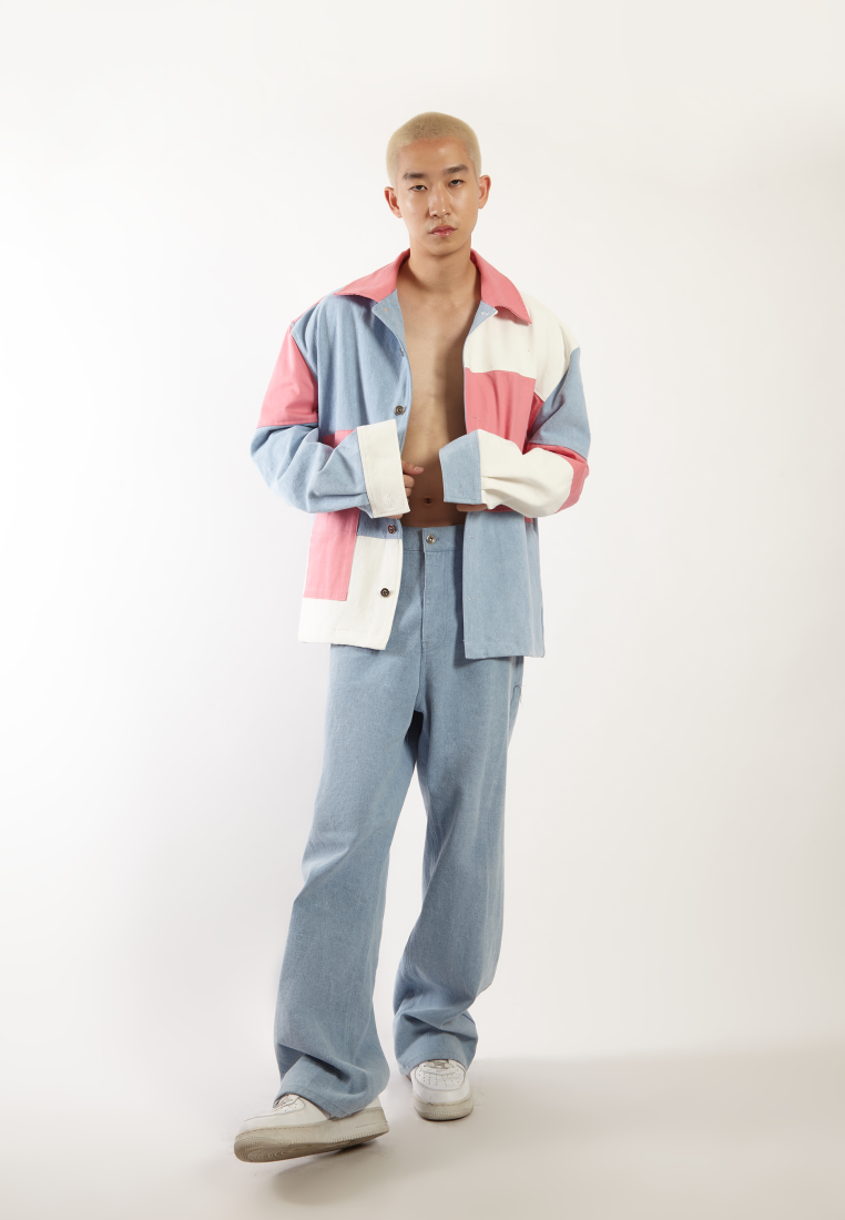 OCWA DELCO OVERSIZED COLORBLOCK PATCH PINK BLUE WHITE DENIM JACKET