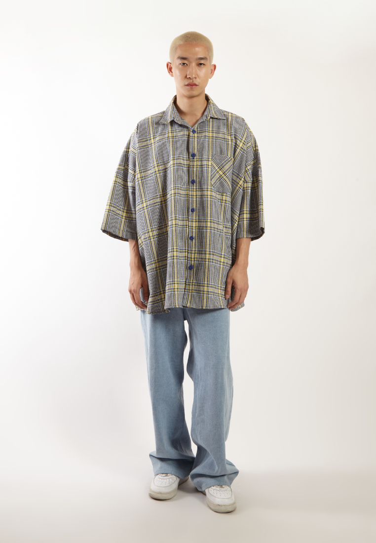 OCWA RAMY OVERSIZED TARTAN PLAID Y2K SHIRT BLUE YELLOW