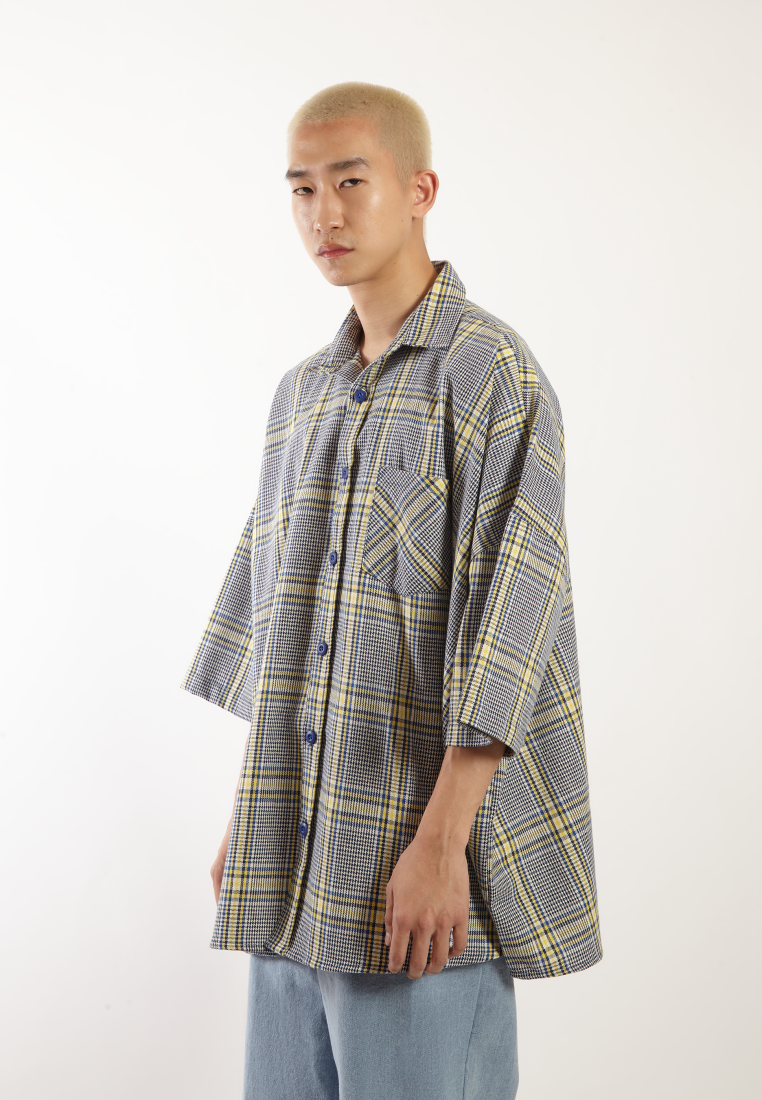 OCWA RAMY OVERSIZED TARTAN PLAID Y2K SHIRT BLUE YELLOW