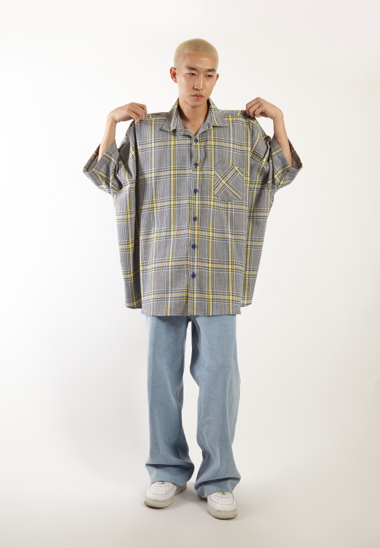 OCWA RAMY OVERSIZED TARTAN PLAID Y2K SHIRT BLUE YELLOW