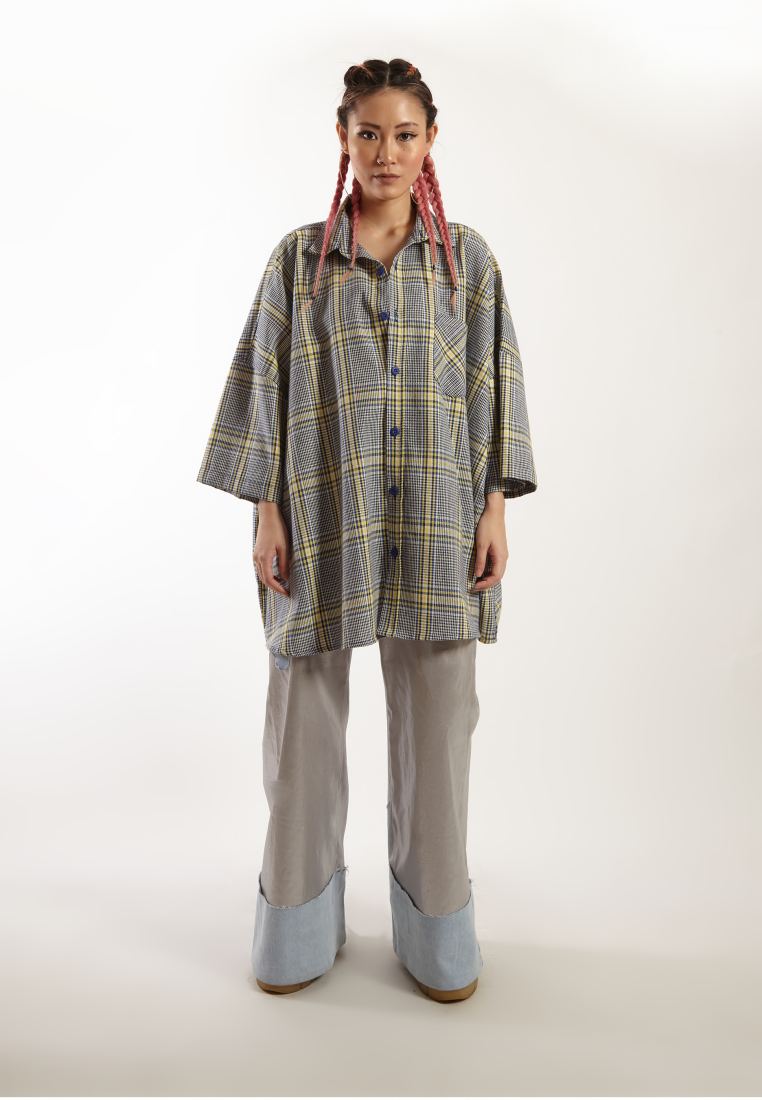 OCWA RAMY OVERSIZED TARTAN PLAID Y2K SHIRT BLUE YELLOW