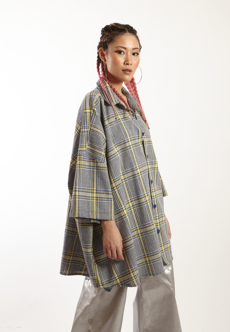 OCWA RAMY OVERSIZED TARTAN PLAID Y2K SHIRT BLUE YELLOW