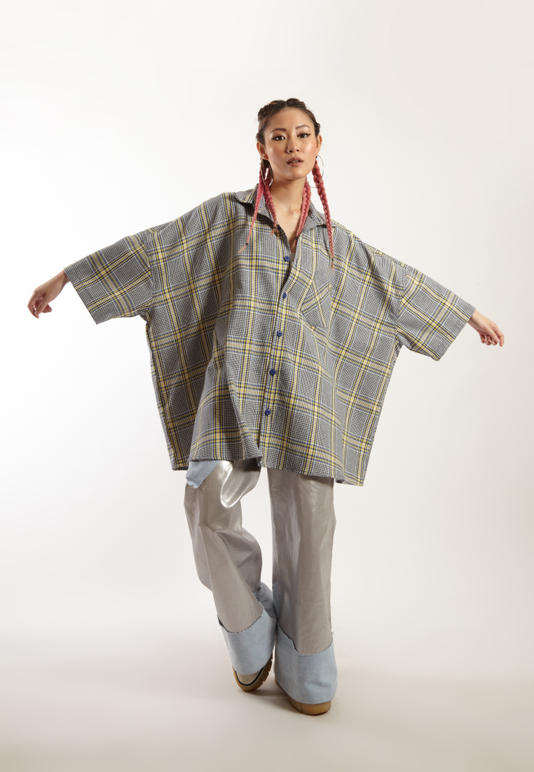 OCWA RAMY OVERSIZED TARTAN PLAID Y2K SHIRT BLUE YELLOW