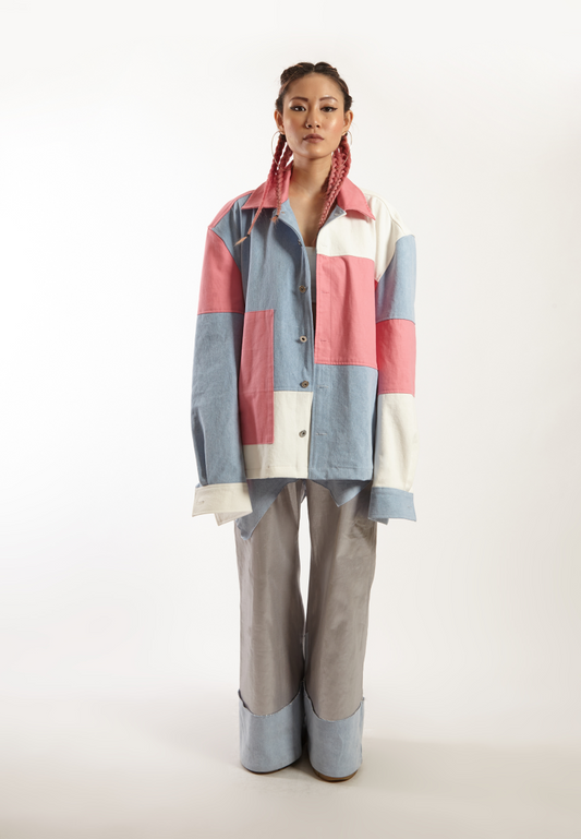 OCWA DELCO OVERSIZED COLORBLOCK PATCH PINK BLUE WHITE DENIM JACKET WOMAN