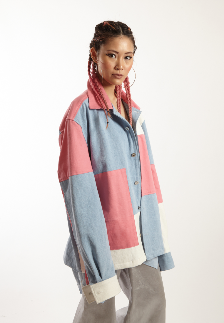 OCWA DELCO OVERSIZED COLORBLOCK PATCH PINK BLUE WHITE DENIM JACKET WOMAN