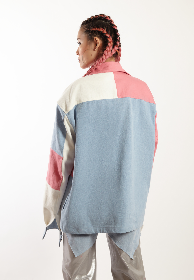 OCWA DELCO OVERSIZED COLORBLOCK PATCH PINK BLUE WHITE DENIM JACKET WOMAN