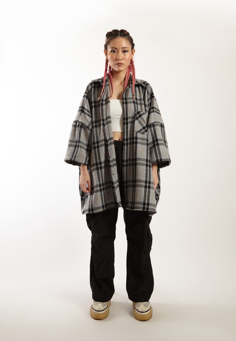 OCWA CISCO OVERSIZED FLANNEL PLAID Y2K SHIRT GREY PINK