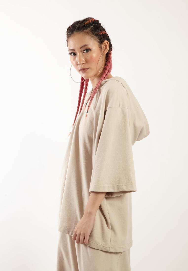 OCWA X VEDECI OVERSIZED BLAZE SHORT SLEEVE HOODIE BEIGE CREAM WOMAN