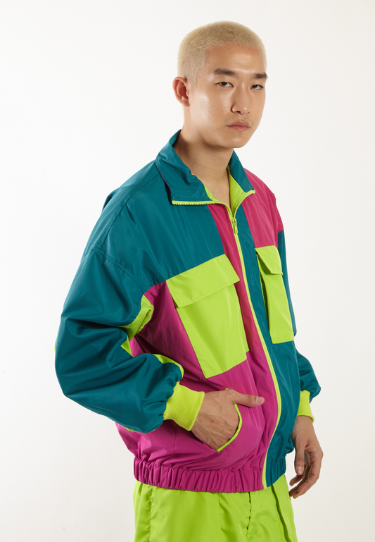 OCWA YUNA COLORBLOCK 80S INSPIRED WATERPROOF SPORTY RUNNING JACKET FUCHSIA PINK NEON GREEN