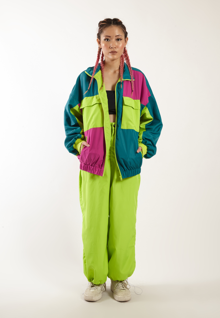 OCWA YUNA COLORBLOCK 80S INSPIRED WATERPROOF SPORTY RUNNING JACKET FUCHSIA PINK NEON GREEN