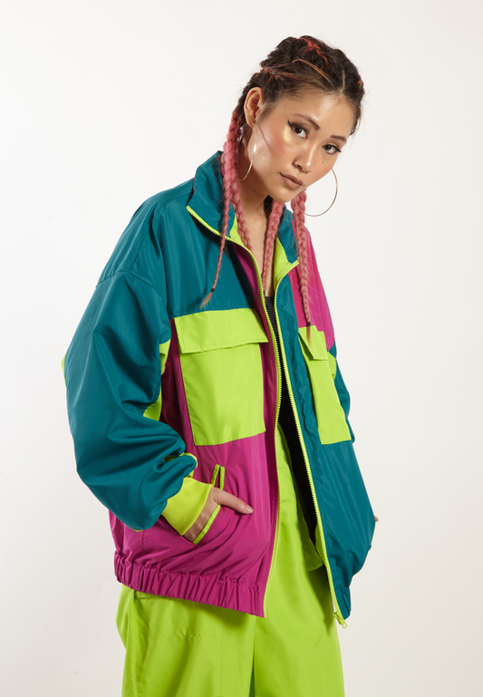 OCWA YUNA COLORBLOCK 80S INSPIRED WATERPROOF SPORTY RUNNING JACKET FUCHSIA PINK NEON GREEN