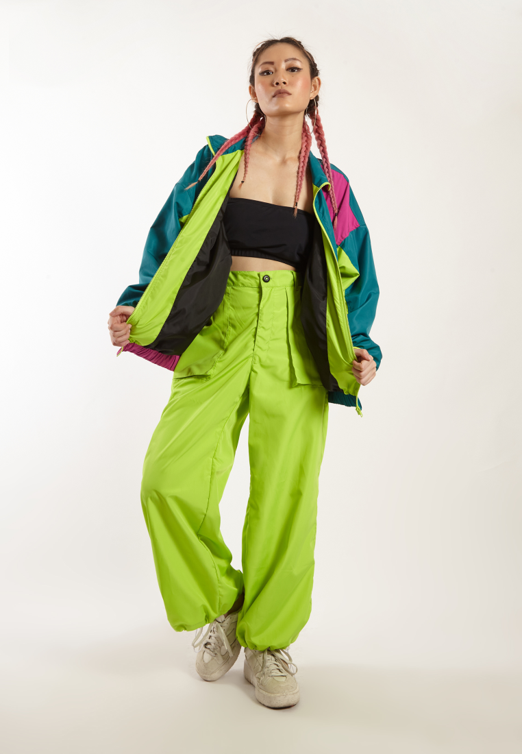 OCWA YUNA COLORBLOCK 80S INSPIRED WATERPROOF SPORTY RUNNING JACKET FUCHSIA PINK NEON GREEN