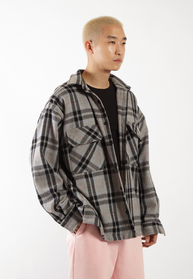 OCWA MAYER OVERSIZED TARTAN PLAID FLANNEL SHIRT GREY BLACK MULTI MEN