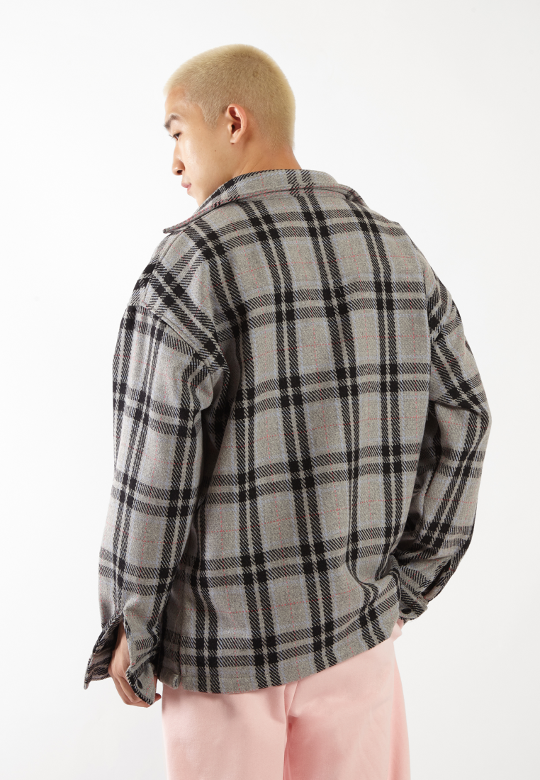 OCWA MAYER OVERSIZED TARTAN PLAID FLANNEL SHIRT GREY BLACK MULTI MEN