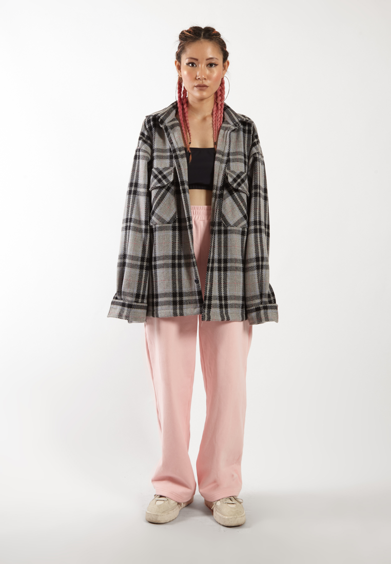 OCWA MAYER OVERSIZED TARTAN PLAID FLANNEL SHIRT GREY BLACK MULTI