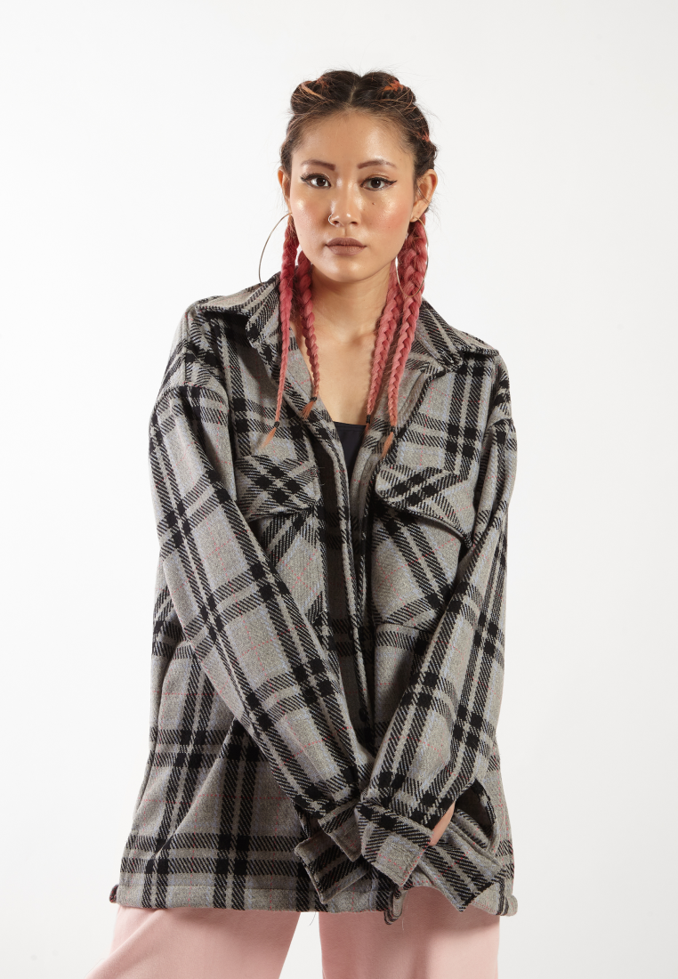 OCWA MAYER OVERSIZED TARTAN PLAID FLANNEL SHIRT GREY BLACK MULTI