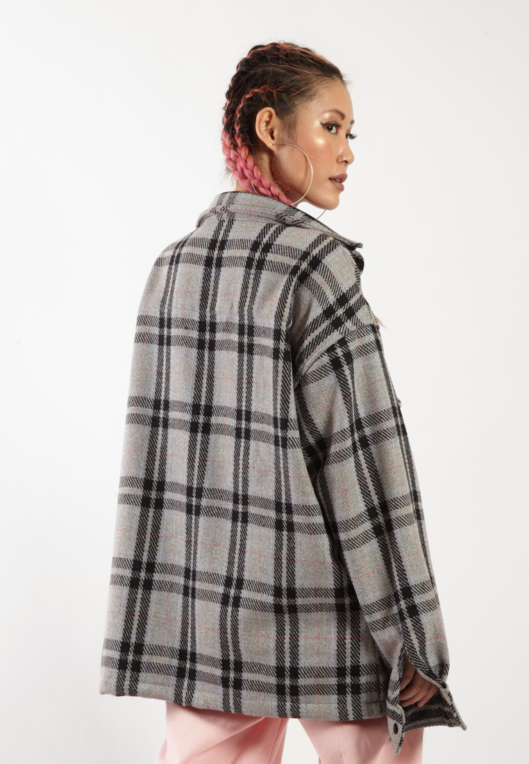 OCWA MAYER OVERSIZED TARTAN PLAID FLANNEL SHIRT GREY BLACK MULTI