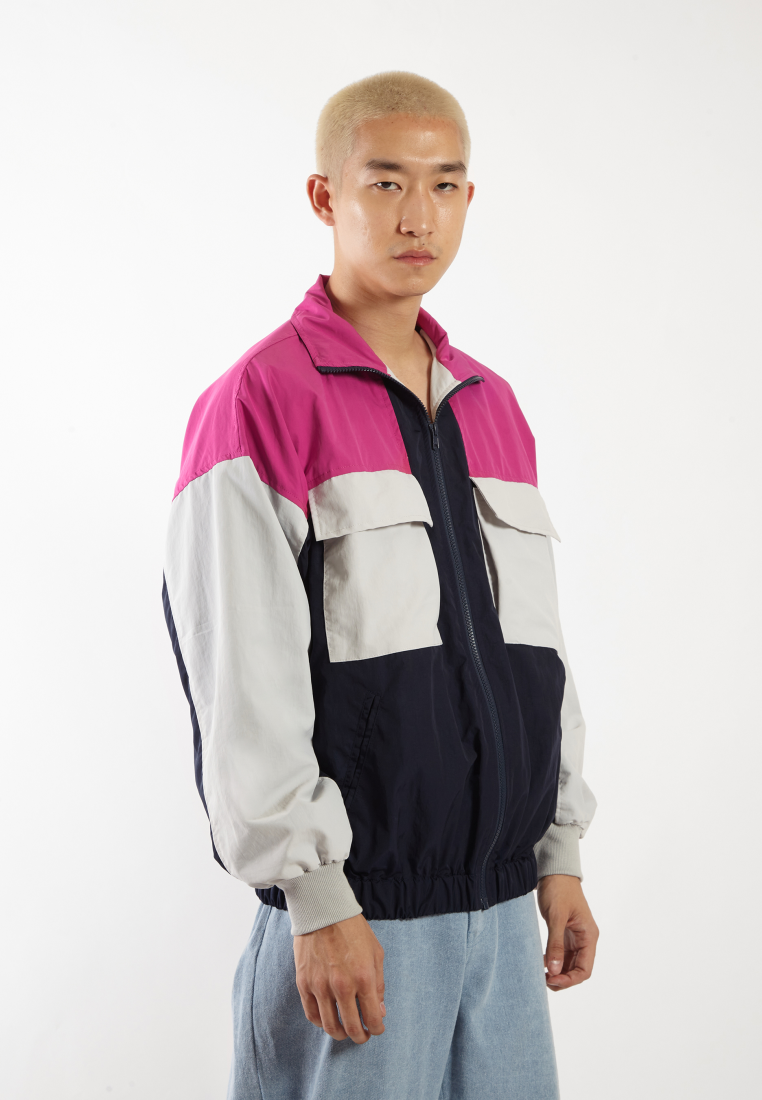 OCWA ELVIS COLORBLOCK 80S INSPIRED WATERPROOF JACKET PINK FUCHSIA GREY NAVY BLUE