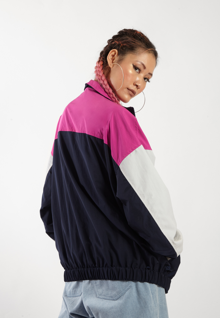 OCWA ELVIS COLORBLOCK 80S INSPIRED WATERPROOF JACKET PINK FUCHSIA GREY NAVY BLUE