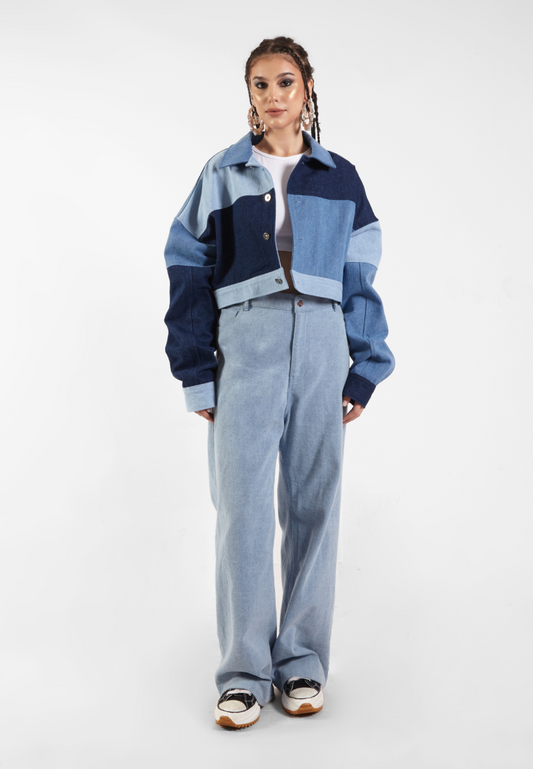 OCWA KEYA CROP MULTI BLUE PATCH DENIM JACKET