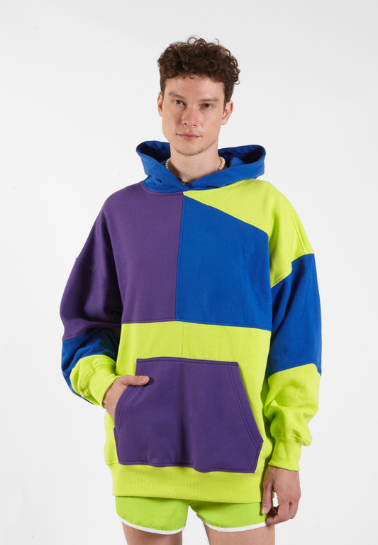 OCWA RIZ MULTI NEON GREEN ELECTRIC BLUE PURPLE PATCHES OVERSIZED HOODIE