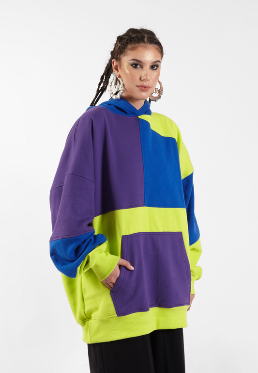 OCWA RIZ MULTI NEON GREEN ELECTRIC BLUE PURPLE PATCHES OVERSIZED HOODIE