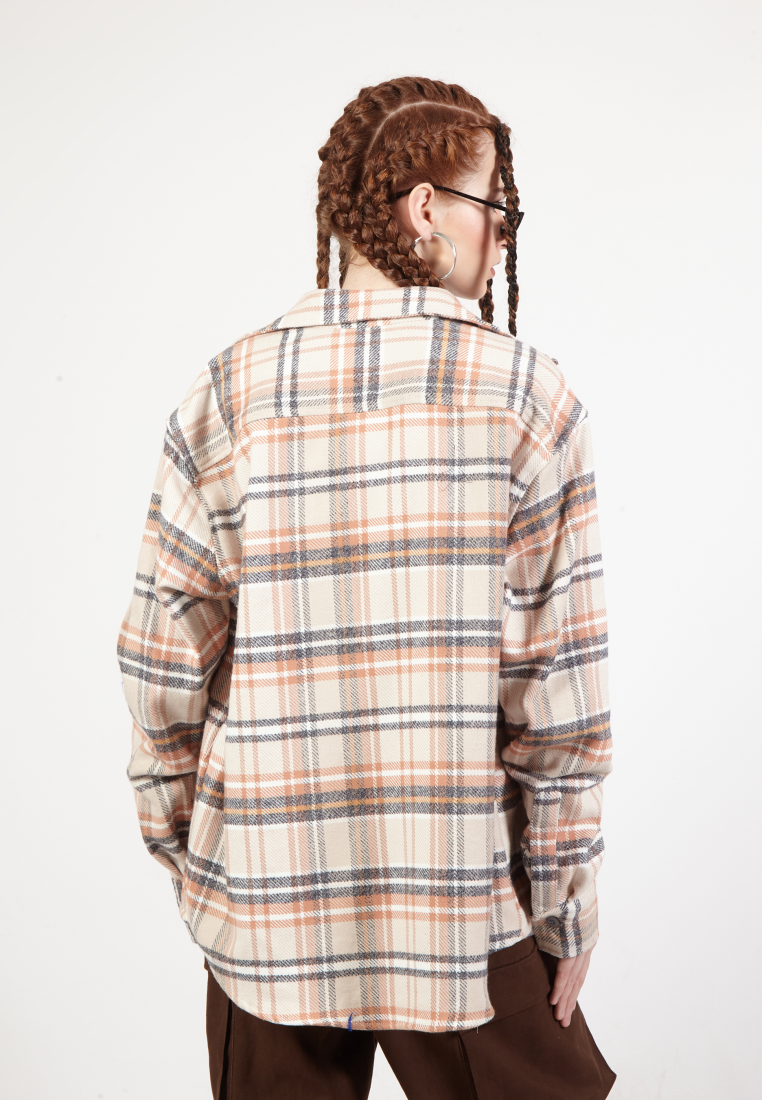 OCWA GINO OVERSIZED FLANNEL PLAID BEIGE CREAM GREY SHIRT OCWA GINO OVERSIZED FLANNEL PLAID BEIGE CREAM GREY SHIRT