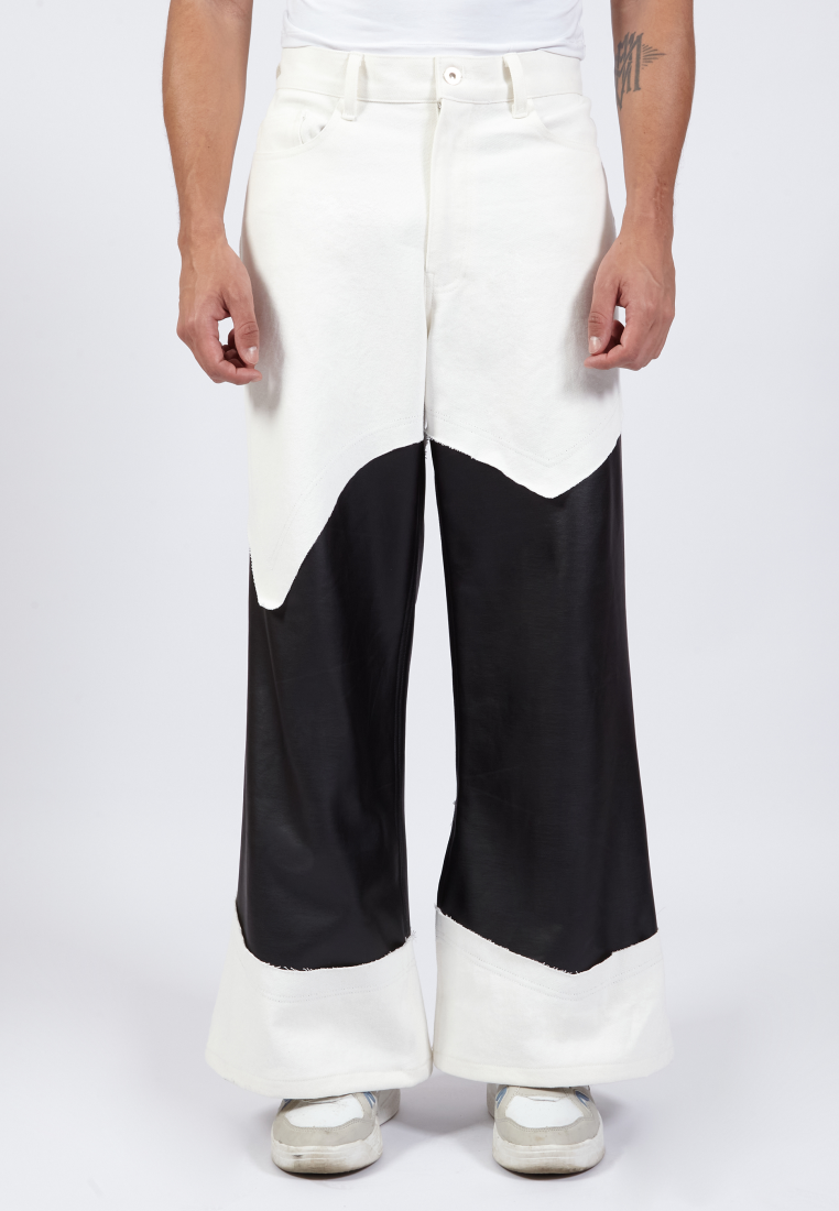 OCWA YAEL WIDELEG FLARE WHITE DENIM MIXED BLACK LEATHER JEANS