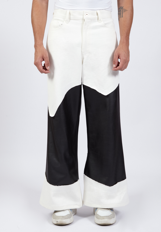 OCWA YAEL WIDELEG FLARE WHITE DENIM MIXED BLACK LEATHER JEANS