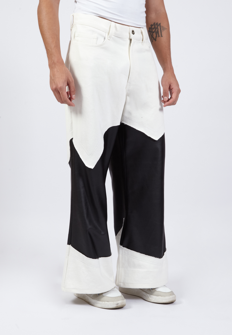 OCWA YAEL WIDELEG FLARE WHITE DENIM MIXED BLACK LEATHER JEANS