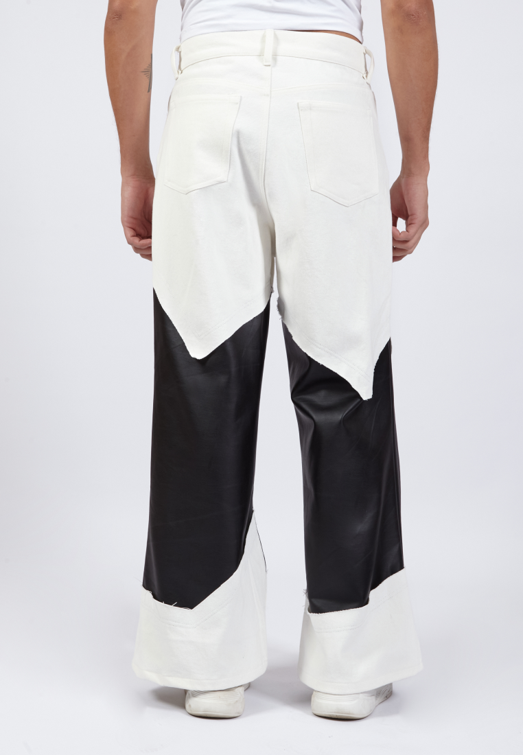 OCWA YAEL WIDELEG FLARE WHITE DENIM MIXED BLACK LEATHER JEANS